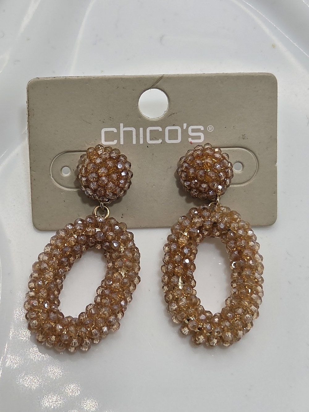 NWT Chico’s Champagne Lumi Beaded Drop Hoop Earrings Neutral Glam ✨🥂